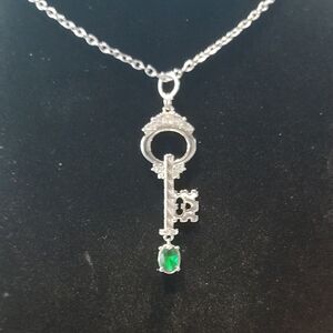 Silver Key Necklace with Emerald Green Accent With Upcycled Chain #80